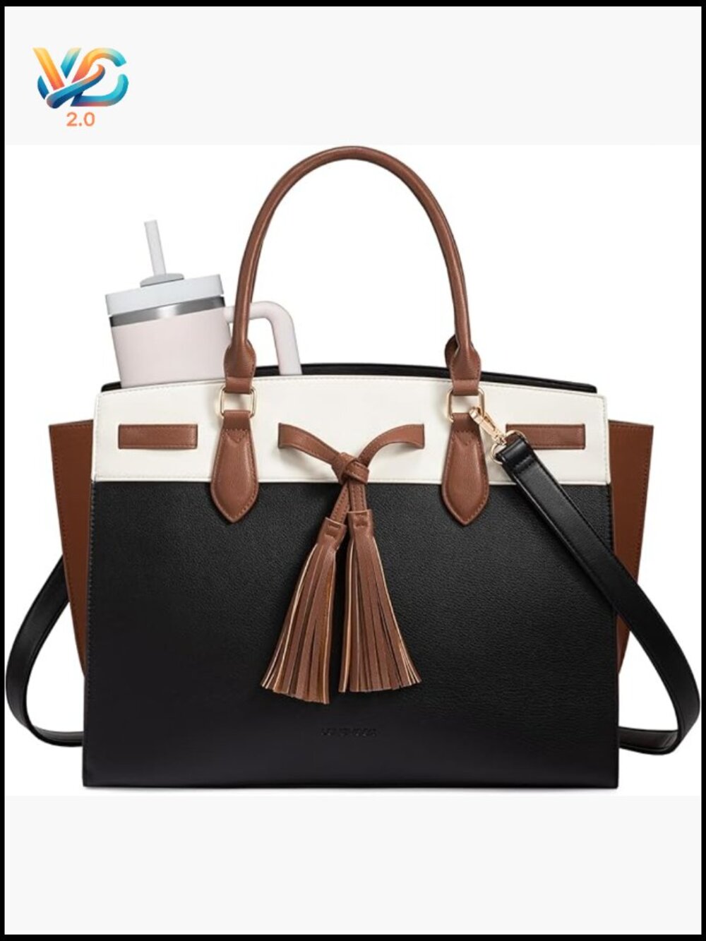 Leather Laptop Tote Bag with Cup Holder, Work Bag 15.6 Inch